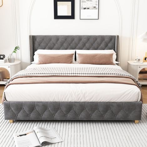 Lit rembourré 140x190 cm avec sommier à lattes inclus, tête de lit capitonnée avec boutons et rivets, pieds en bois, velours gris, sans matelas (1/5)