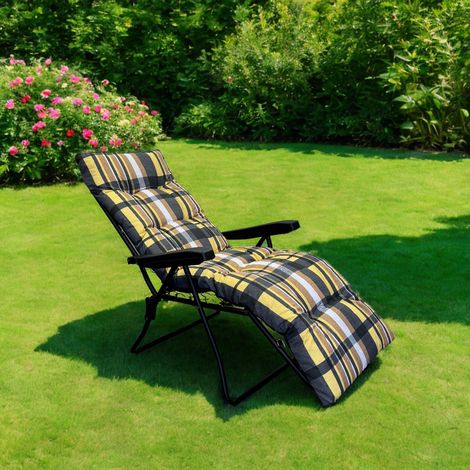 Marvin Sdraio da Giardino con Poggiapiedi Reclinabile Regolabile in 6 Posizioni Flock Poltrona con Cuscino Imbottito 8cm Braccioli Automatica Interno Esterno GIALLO/MARRONE SCOZZESE (1/4)