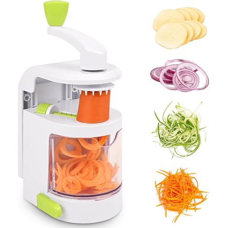 Spiraliseur de légumes 4 en 1, machine à spaghetti manuelle avec récipient de récupération, sans BPA, coupe-légumes multifonctionnel pour carottes, concombres, pommes de terre et courgettes. (1/5)