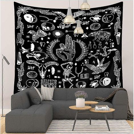 Tapisserie murale Mandala Grande Vague avec coucher de soleil, tapisserie océan en noir et blanc, tenture murale pour salon ou chambre - Versailles (M/130x (1/5)