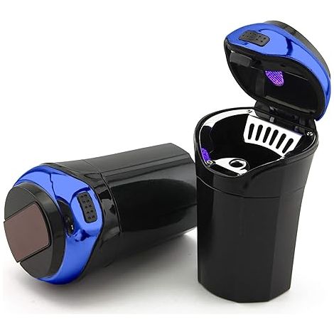 Cenicero para automóvil (paquete de 1), cenicero para automóvil de acero inoxidable extraíble de fácil limpieza con tapa, luz LED azul y encendedor extraíble para la mayoría de los portavasos de autom (1/5)