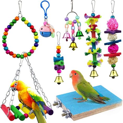 Jouet Suspendu Pour Oiseaux - Planche En Bois Balançoire Clochette Échelle En Rotin Cordon Coton Clochette En Bois - Lot De 8 Pièces (1/5)