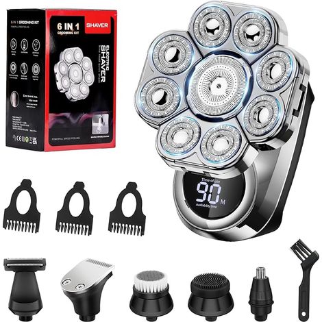 Rasoir Chauve Homme Électrique 8-en-1 – Tondeuse Crâne 0 mm avec Écran LCD, 9 Têtes Flottantes, IPX7 – Rasoir Visage & Corps avec Brosse Nettoyante, Coupe Nez & Massage