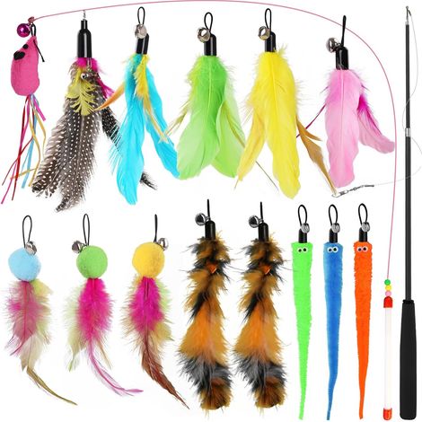 Jouet à Plumes pour Chats 16Pcs, Rétractable Canne a Peche Jouet Bâtons de Baguette avec Pendentif Souris en Peluche, Grelots à Plumes, Interactifs pour l'intérieur Chats et Chatons (1/5)