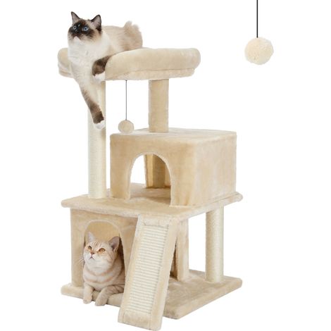 Pawz Road – Arbre à chat 86 cm avec 2 condos douillets – Griffoir sisal et perchoir moelleux – Accessoires inclus pour chats de petite taille