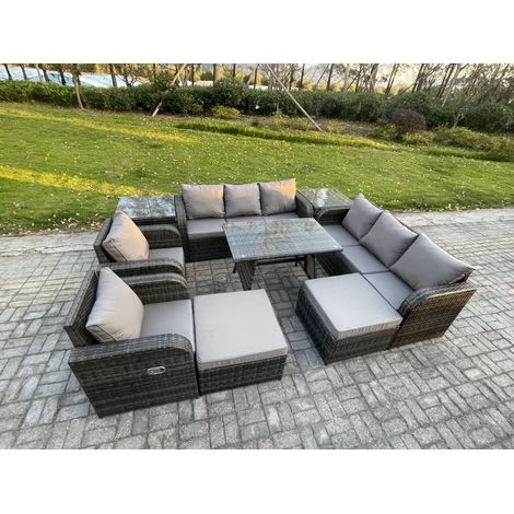 Fimous Garten Sofa im Freien Set Polyrattan Gartenmöbel Set mit Rechteckiger Esstisch 2 Beistelltischen 2 hohen Hockern Dunkelgrau Gemischt (1/5)