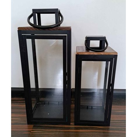 BONTURI CASA HOME DECORATION Lanterna Set 2 Pz  Metallo Legno 16 x 16 x 45 Cm 20 x 20 x 50 Cm Black