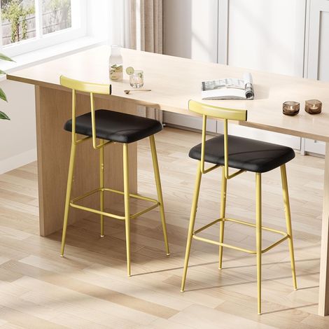 Lot de 2 Tabourets de Bar avec Dossier Chaises de Bar Hautes Rembourrées en PU avec Repose Pieds Pieds Réglables pour Cuisine Salon Bar et Café Doré KBS515GC (1/5)