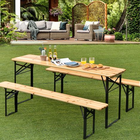 Ensemble Table et 2 Bancs Pliante de Camping 4 Personnes Structure en Acier Table Bois de Sapin Imperméable Charge 300KG Maison Chic (1/5)