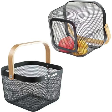 Lot de 2 paniers de récolte de jardin, paniers de pique-nique avec maille métallique durable et poignée en bambou, parfaits pour le shopping (1/4)