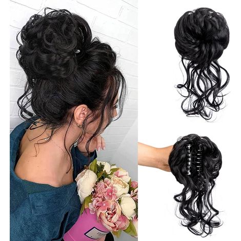 Pezzi di fermaglio a pinza, chignon disordinato, posticcio, acconciatura raccolta disordinata, extension, elastico per capelli, posticci, chignon per capelli ricci, elastico per capelli da donna (nero (1/4)