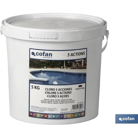 COFAN cloro 5 acciones tableta 5 kg cofan , Tratamiento clorado completo con 5 acciones: bactericida, floculante, algicida, regulador del pH y antical. Especial para la desinfecció (1/4)