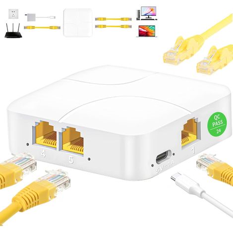 1-auf-4-Ethernet-Splitter, RJ45-Switch-Steckdosenleiste, Ethernet für Computer, Router und Set-Top-Boxen, RJ45-Anschlüsse für Cat5/5e/6/7/8-Kabel, weiß. (1/5)