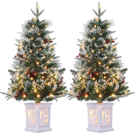 Lot de 2 mini sapins de Noël artificiels 90 cm pré-éclairés - 78 LED blanc chaud - Sections floquées + baies - 8 modes, à piles, avec pot/base - Couleur : System default (1/5)