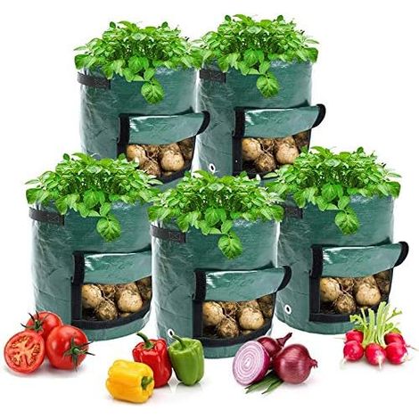 Sacs de culture avec poignées, lot de 5, poches de jardin pour pommes de terre, carottes, tomates, concombres et autres légumes, également pour fruits, pot de plantation vert, 18,9 litres, 5 pièces (1/5)
