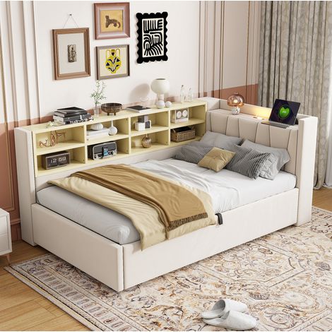 DESVIAE Lit banquette rembourré 90 x 200 cm avec rangement hydraulique lumière de nuit ports USB et Type C étagères latérales compartiments de rangement tête de lit capitonnée en velours beige (1/5)