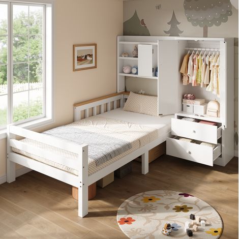 Cama infantil 90/200 cm blanca con armario, cajones y estantes (1/5)