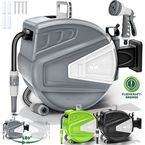 tillvex Avvolgitubo da Giardino 15+2m Grigio Avvolgitubo da Parete e tubo da giardino Girevole di 180° Scatola con avvolgitubo automatico Riavvolgimento Automatico con Sistema di Blocco (1/5)