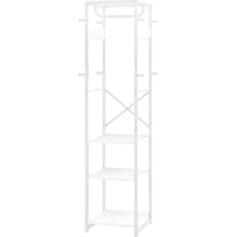 Stabile Garderobe mit Stange und 2 offenen Ablagen, Holz und Stahl, 38,5 x 30 x 170 cm, weiß und naturfarbenes Holz