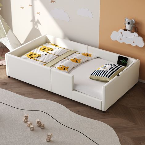 Letto per bambini 90 x 200 cm - piattaforma imbottita con sponda e stazione di ricarica USB/Type-C, MDF/PU, bianco (1/5)