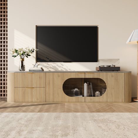 Meuble TV 172 cm Clair et Effet Béton Gris avec Vitrine Ovale en Verre Teinté, 2 Tiroirs, Meuble Tele Banc Télé Table Bas Salon, Grand Meuble TV Bas de Salon - Chêne (1/5)