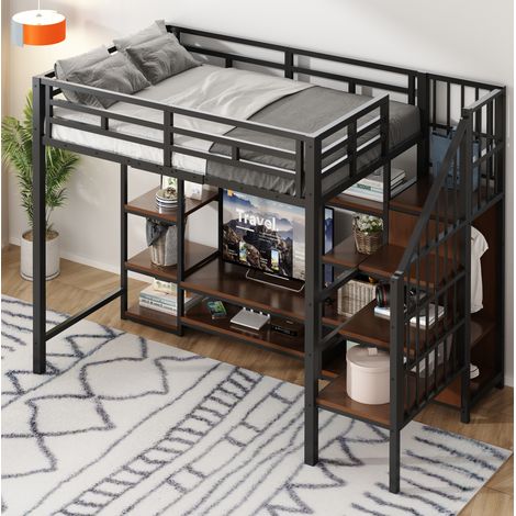 Cama Alta 90x200 Cm Estructura Metal Y Mdf Negro (1/5)