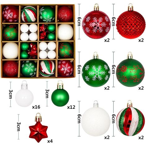Lot de 42 boules de Noël rouges, vertes et blanches - Boules de Noël suspendues - Ornements décoratifs - Décorations de sapin de Noël - Boules incassables - Décoration saisonnière - Vacances d'hiver (1/4)