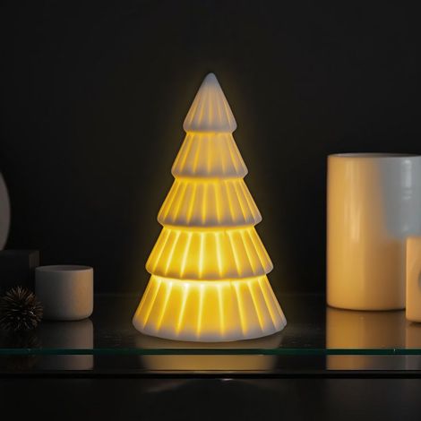 LED Porzellan Weihnachtsbaum matt weiß inklusive Batterie - 13 cm - Keramik Deko Tannenbaum warmweiß beleuchtet zum Hinstellen