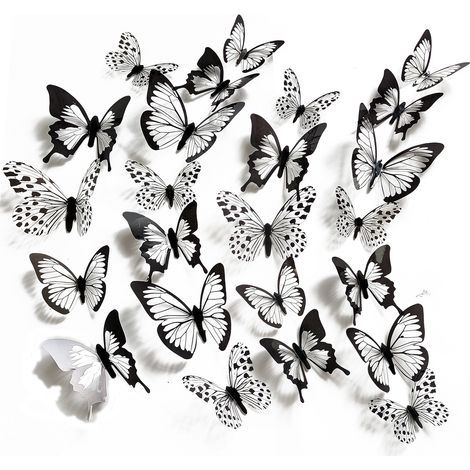 24PCS 3d simulation en trois dimensions noir et blanc motif papillon stickers muraux événement fête salon chambre armoire décoratif stickers muraux (1/5)