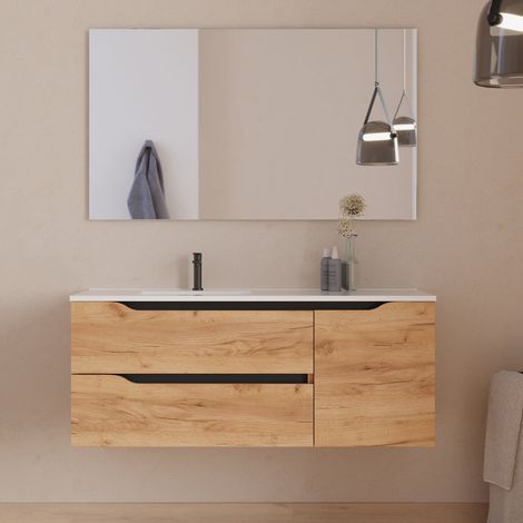 Meuble de salle de bain 120cm avec vasque déportée à gauche et miroir - 2 tiroirs et un placard - roble (chêne clair) - ZARZA (1/5)