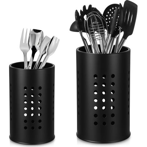 Lot de 2 Porte-ustensiles Cuisine - Acier Inoxydable Noir - Rangement Fourchettes Cuillères - Comptoir Moderne - Grand et Petit Modèle (1/5)