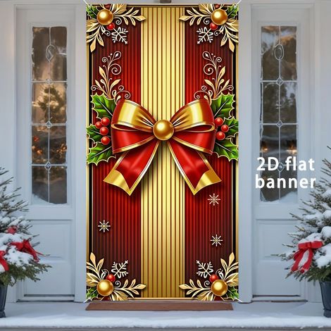 Arrière-plan de porte/Fond de fête - 90x180 cm - Polyester - Design Noël/Santa/Neige - Rouge et Or (1/2)