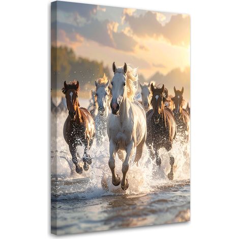 Tableau Moderne, Chevaux au galop dans l'eau nature,20x30 (1/4)