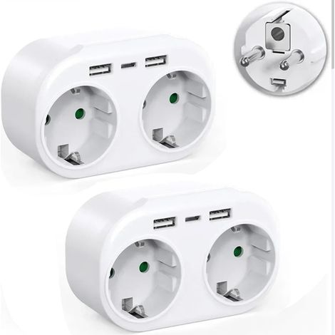 Lot de 2 Adaptateurs de Prise EU 1-en-2 – Multiprise Murale avec Ports USB et AC 16A, Polyvalente pour Maison et Bureau (1/5)