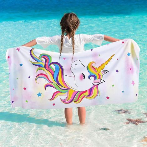 Einhorn-Strandtuch – 76 x 150 cm, Regenbogenfarbenes Polyester-Campinghandtuch für Mädchen und Kinder, schnelltrocknend, extrem saugfähig, superweiche Stranddecke für Schwimmbad und Reisen (1/5)