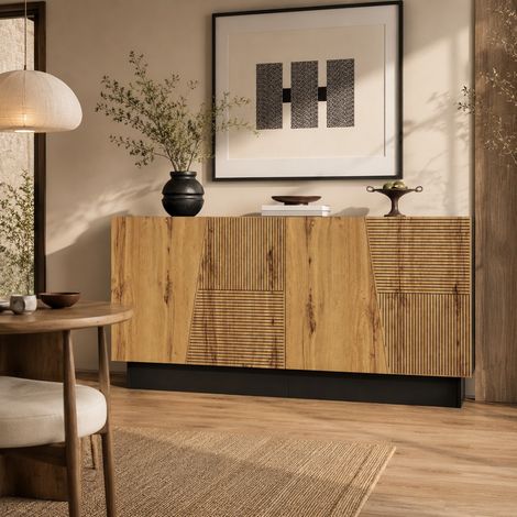 Aparador 160/40/72 cm negro y madera, con balda ajustable y frentes geométricos (1/5)