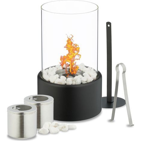 Relaxdays Camino Bioetanolo da Tavolo, Caminetto HxD: 26,5 x 16 cm, Stufa Fuoco da Interno ed Esterno, Trasparente Nero