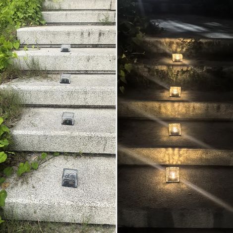 4 paquets de LED solaire petit glace briques lumières, lumière chaude cour extérieure décorative carrelage pierre lumières sans fil crépuscule à l'aube imperméable jardin route lampe. (1/5)