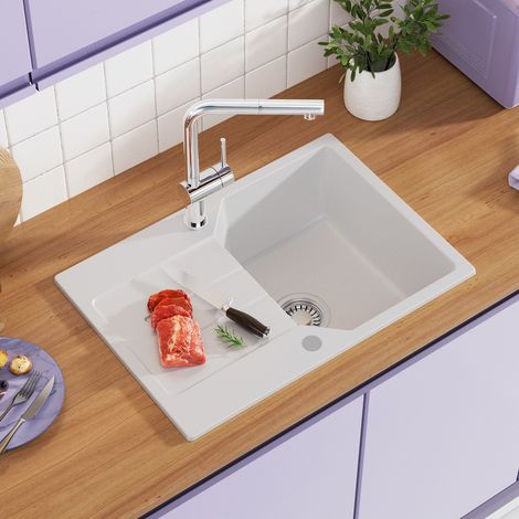 Anycee Max Fregadero de granito blanco de 65 x 45 cm, fregadero de cocina fabricado en granito, con escurridor y características de bajo nivel de ruido (1/5)