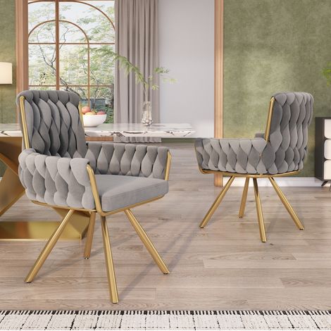 Sedia da pranzo girevole 360° in velluto grigio, con braccioli e struttura in acciaio,55×50×87cm (1/5)