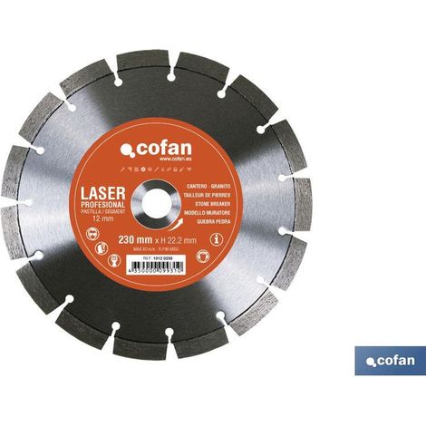 COFAN disco diamante modelo cantero 230mm. , Discos de diamante segmentado Mod. Cantero granito profesional. Uso para materiales muy abrasivos y duros. Excelente corte en seco o hú (1/2)