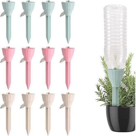 Kit de riego por goteo, 12 unidades de bebederos automáticos para plantas, riego por goteo con botella, dispositivos de riego con válvulas de control de liberación lenta para plantas de interior y ext (1/4)