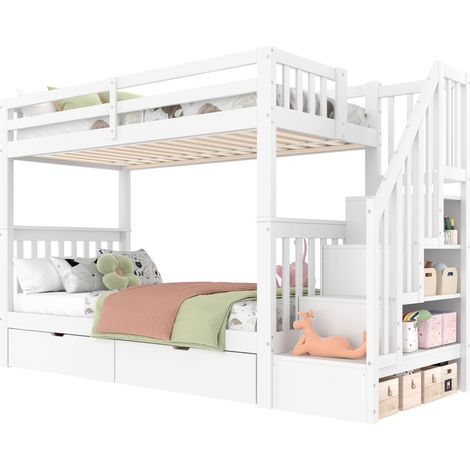 Litera 90x200 cm infantil con escalera de almacenaje, 2 cajones y barandilla alta, en madera y MDF color blanco, certificación EN 747-1 segura  CHICFURN (1/5)