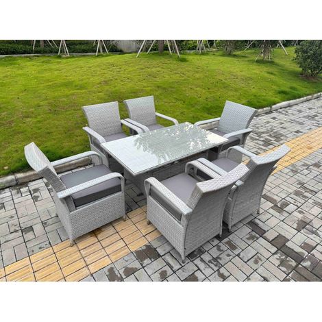 Fimous Light Grey Rattan Outdoor Garden furniture Set Rectangular Table and 6 Chairs Set with Seat Cushion (1/4)