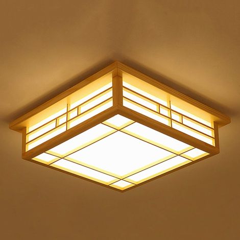 Lámpara de techo LED de madera maciza de tatami para dormitorio, balcón y troncos de luz cálida para salón, corona, suspensión (45 × 45 cm)
