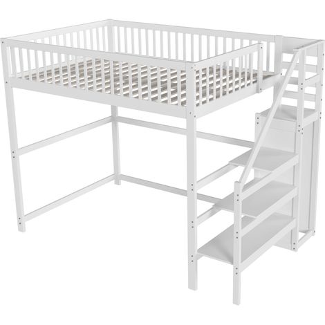 Cama alta 140x200 con escalera, blanca, de madera, con estante y armario (1/5)