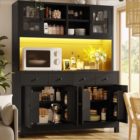 DESMIU Buffet Haut de Cuisine avec 4 tiroirs, étagères réglables et LED RGB, pour cuisine, noir, 140 × 38.5 × 180 cm (1/5)