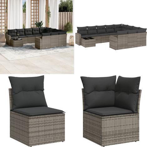 Set Divani da Giardino 11 pz con Cuscini in Polyrattan Grigio - Sedute da esterno - Cuscini da giardino