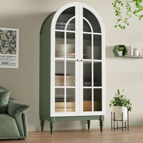 DESMIU Vitrine 2 portes et 3 étagères, style vintage, pour salon et salle à manger, en MDF et métal, vert, 76 × 38.5 × 165 cm (1/5)