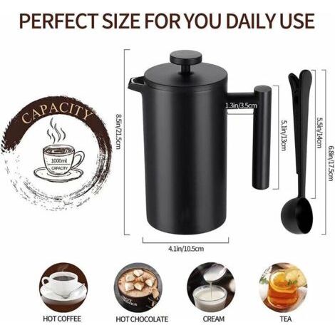 NALOOKAMIC Cafetière à Piston INOX, Français Presse Café Isolation à Double Paroi de 1 L, Paroi intérieure avec Cautèle, avec 5 Filtres à Café et Cuillère Doseuse, 7-8 Tasses, Noir Mat, Café, Thé (1/3)